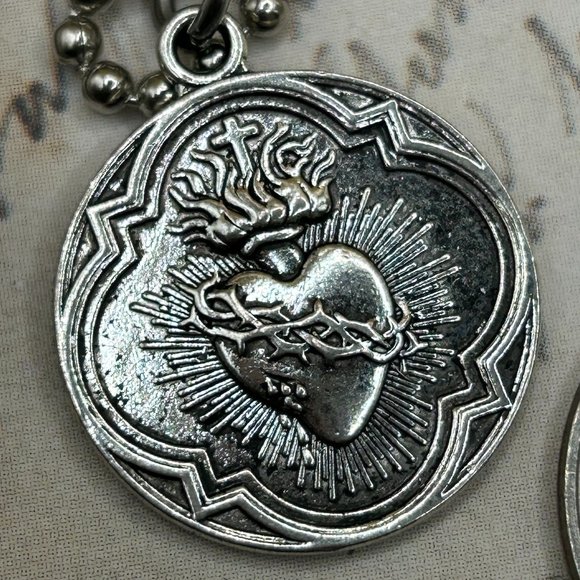Jewelry - Silver Steel Flaming Sacred Heart Religious Medal Charm Pendant Long Steel Cha…